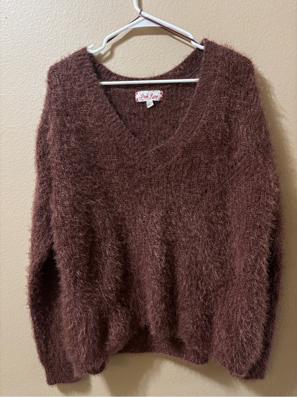 Pink Rose Large Burgundy Fuzzy Eyelash Knit Sweater V-Neck Soft Cozy Fall Top